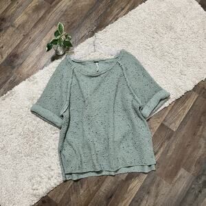 Free People Medium Oversized Green Short Sleeve Tweed Marsala Wool Blend Sweater